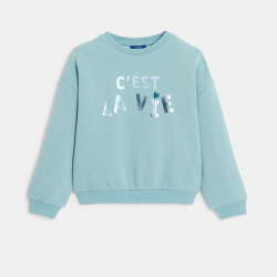 سويت شيرت مزين بطبعة رسالة ميتاليك باللون الأزرق للفتيات